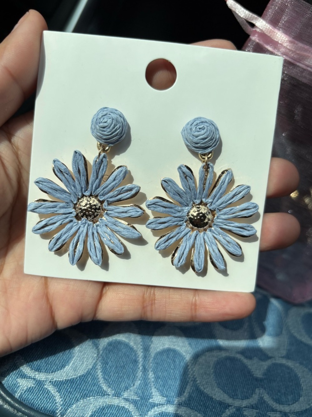 Handcrafted Light Blue & Gold Floral Drop Earrings - Women Jewelry Lightweight